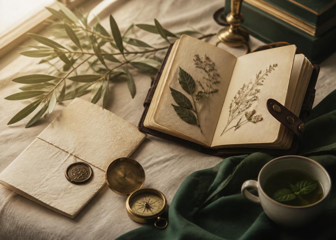 An open notebook of pressed botanicals with an olive branch, brass compass, and cup of mint tea on ivory linen.