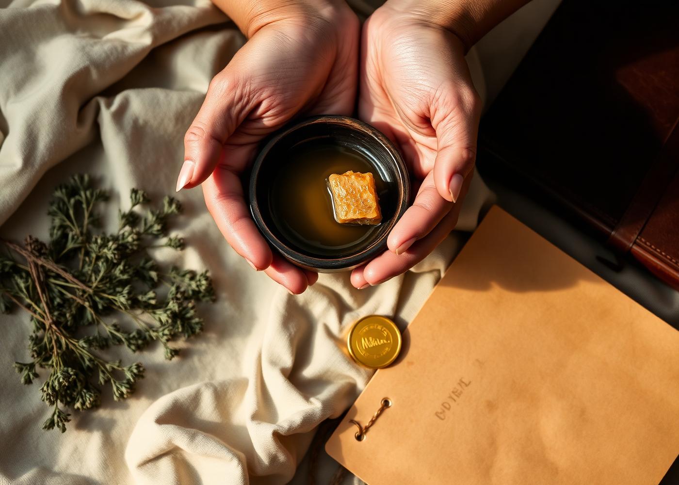 Open hands cupping a small bowl of honey and olive oil beside dried herbs and a leather ledger, symbolising generosity and support.