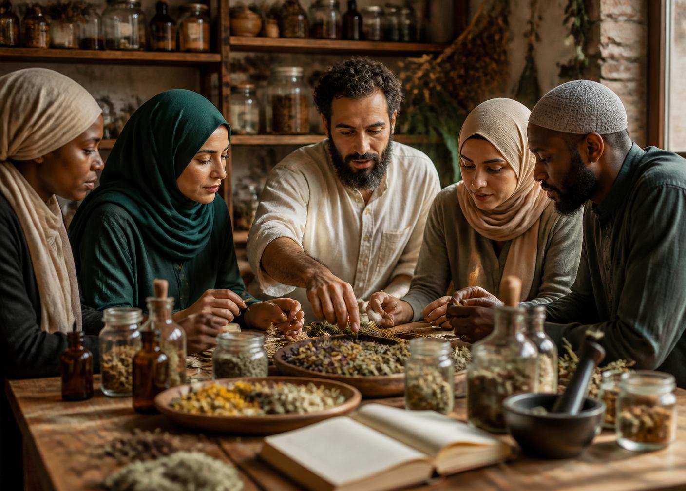 A community of Muslim herbalists and wellness practitioners gathered around a wooden table with dried herbs and tincture bottles.