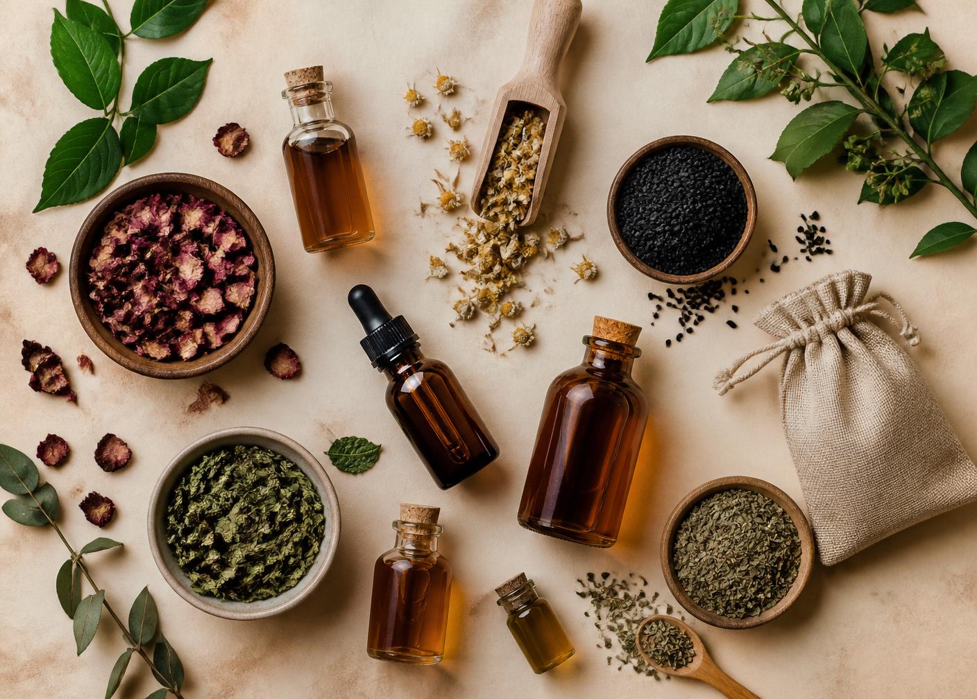 Overhead flat lay of amber tincture bottles, dried botanicals, and natural halal wellness ingredients.