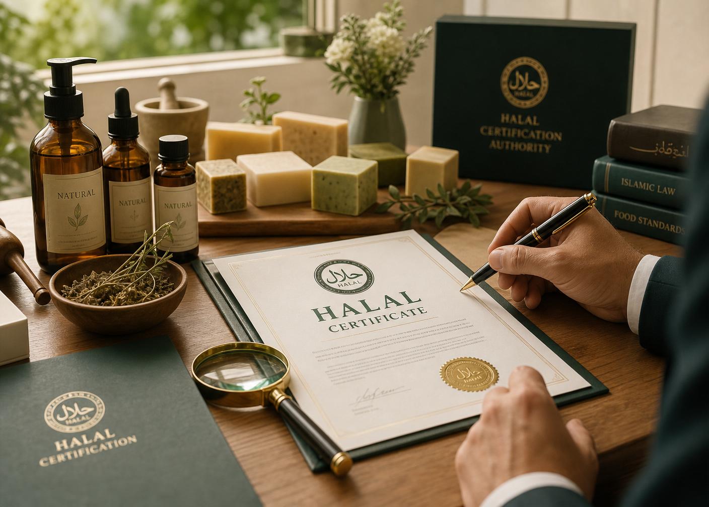 Artisan hands pouring golden oil into an amber bottle beside a certification checklist, lavender, and a wax seal stamp.