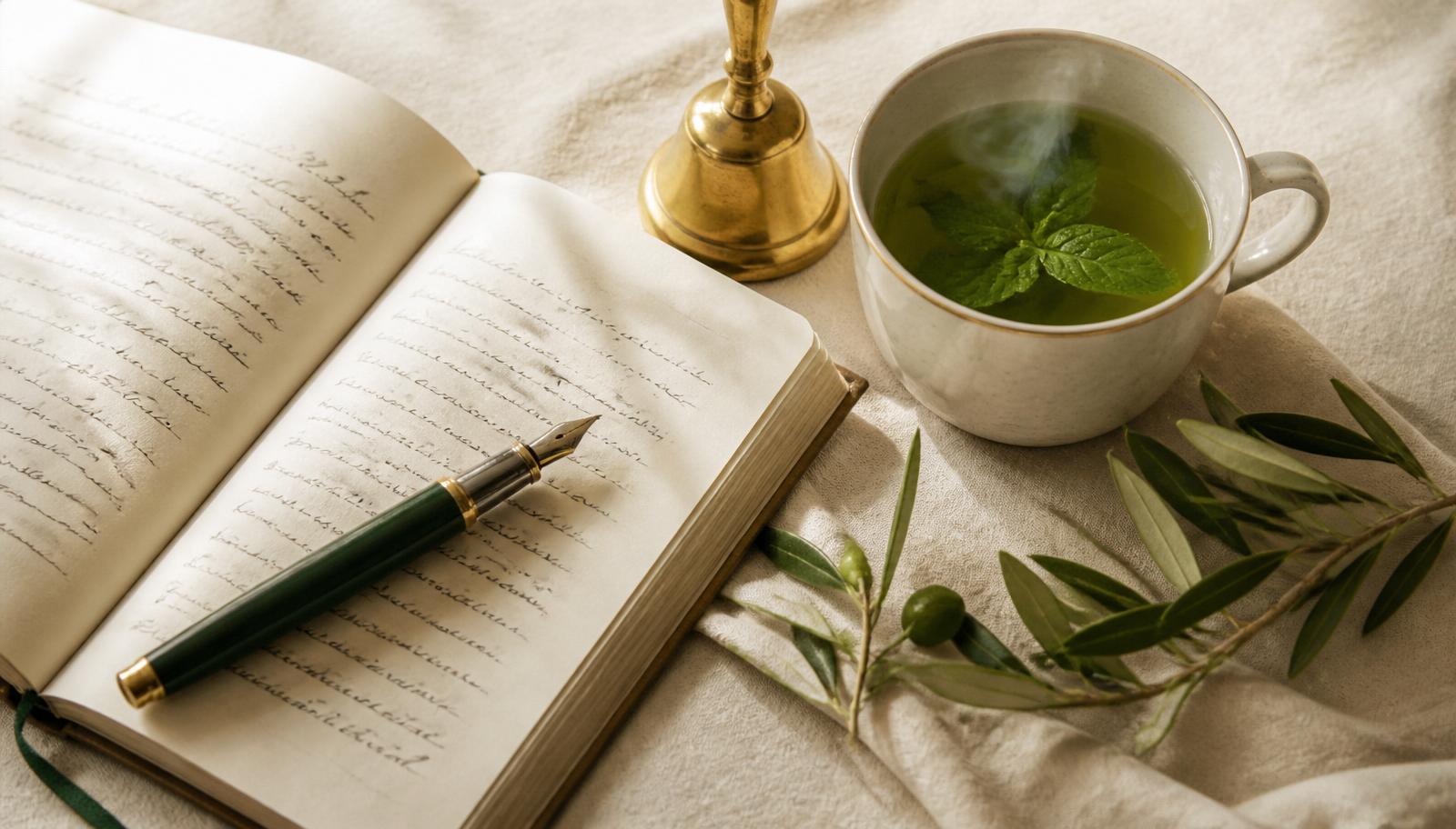 An open notebook with a fountain pen, a brass bell, a cup of mint tea and an olive branch on ivory linen.
