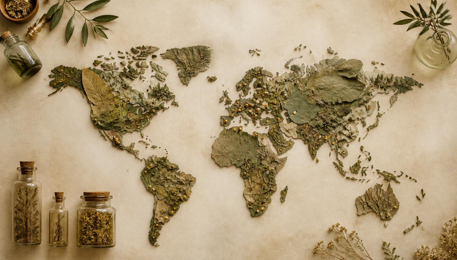A stylized world map made from pressed botanical leaves with small golden location pins.