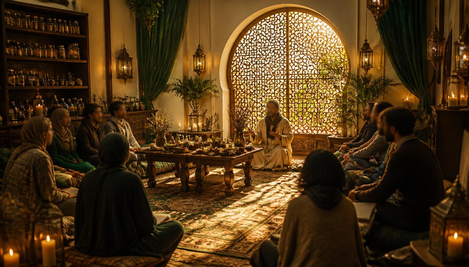 Warmly lit gathering of students in an Andalusian-style room with lanterns and an intricate carved window.