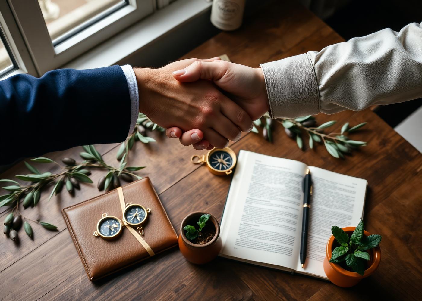 A warm handshake over a wooden desk with olive branches, a brass compass, and an open journal.