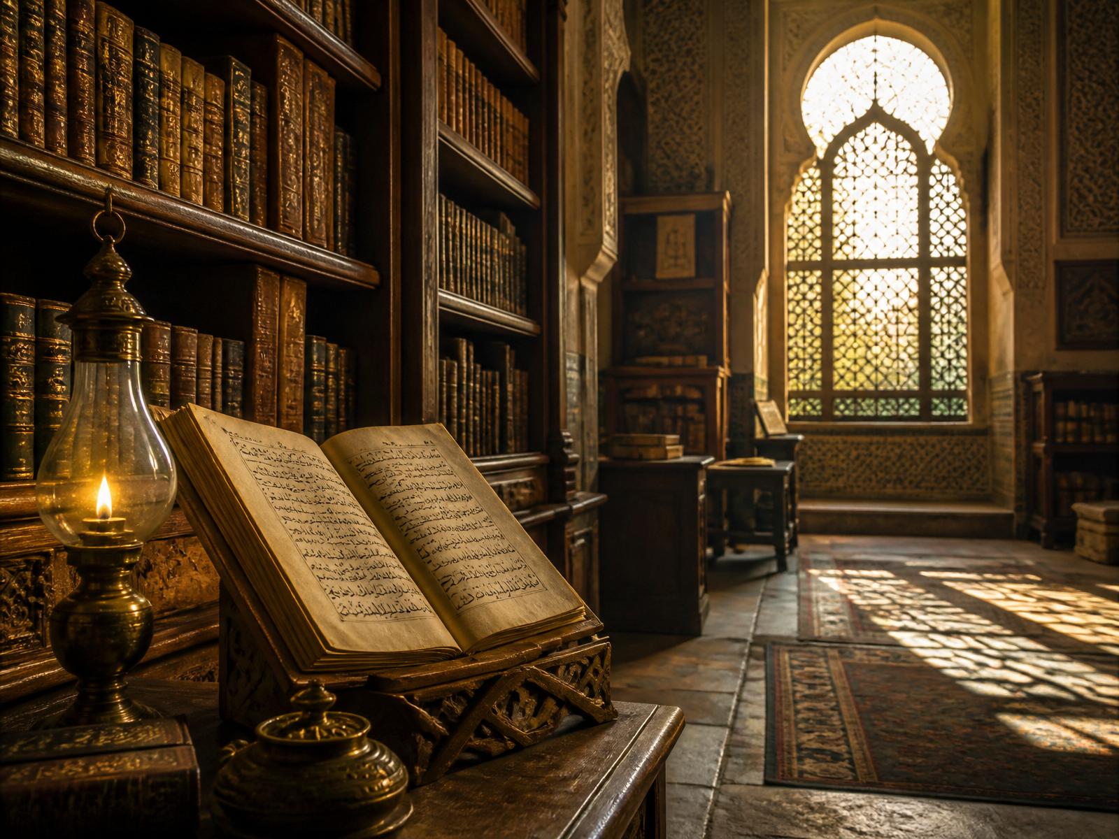 Scholarly library interior with an open manuscript on a carved lectern and an arched Andalusian window.